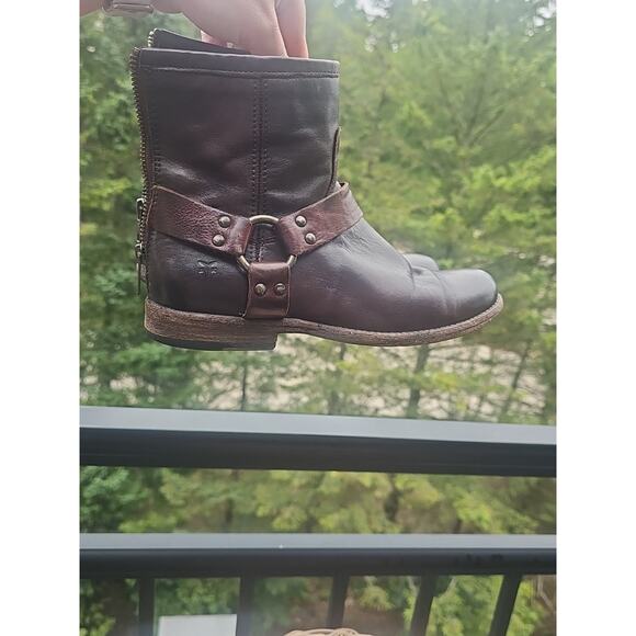 Frye Phillip Harness Short Brown Leather Motorcycle Rear Zip Boots Women's 5.5 B - Picture 11 of 14